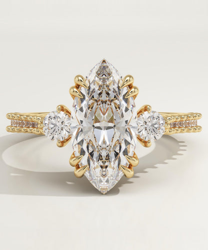Marquise Cut Three Stone & Pave Lab-Grown Diamond Engagement Ring