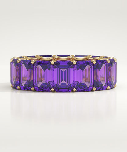8.91 TCW Emerald Shaped February-Amethyst Birthstone Wedding Band
