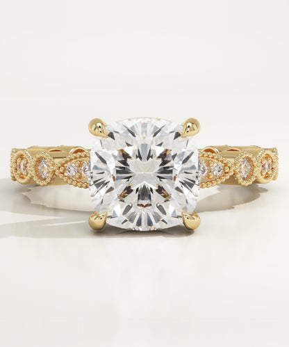 Cushion Cut Milgrain Pave Lab-Grown Diamond Engagement Ring