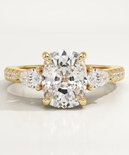 Elongated Cushion Cut Three Stone & Pave Lab-Grown Diamond Engagement Ring