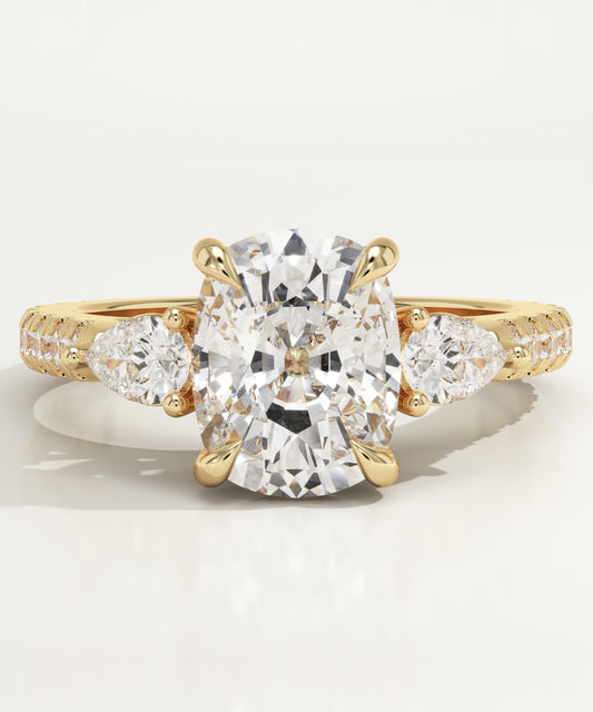 Elongated Cushion Cut Three Stone & Pave Lab-Grown Diamond Engagement Ring