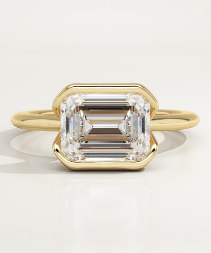 2 CT East West Emerald Cut Half Bezel Moissanite Engagement Ring
