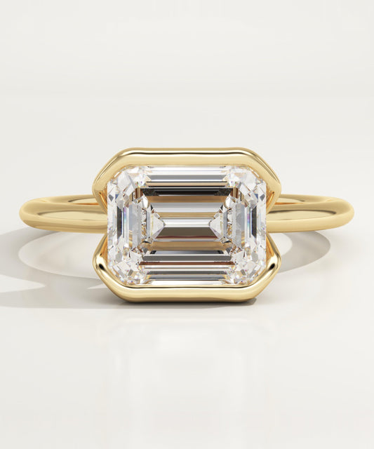 2 CT East West Emerald Cut Half Bezel Moissanite Engagement Ring