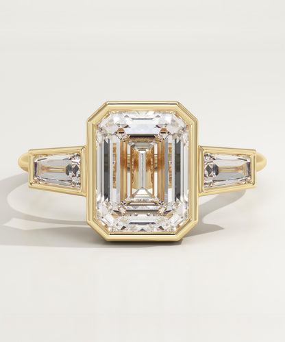 2 CT Emerald Cut Three Stone Bezel Moissanite Engagement Ring