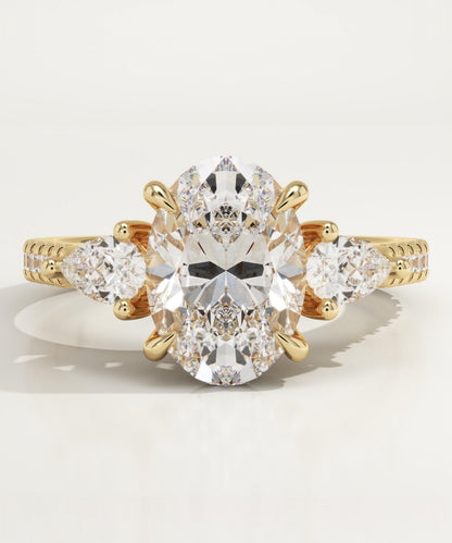 Oval Cut Three Stone & Pave Lab-Grown Diamond Engagement Ring