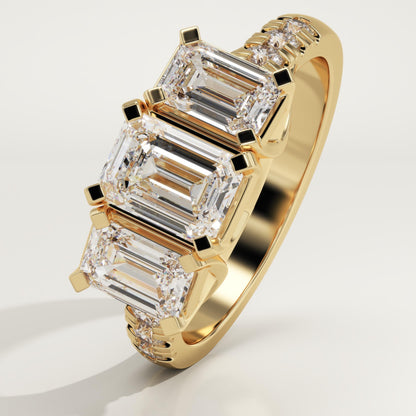 Emerald Cut Three Stone Pave Lab-Grown Diamond Engagement Ring