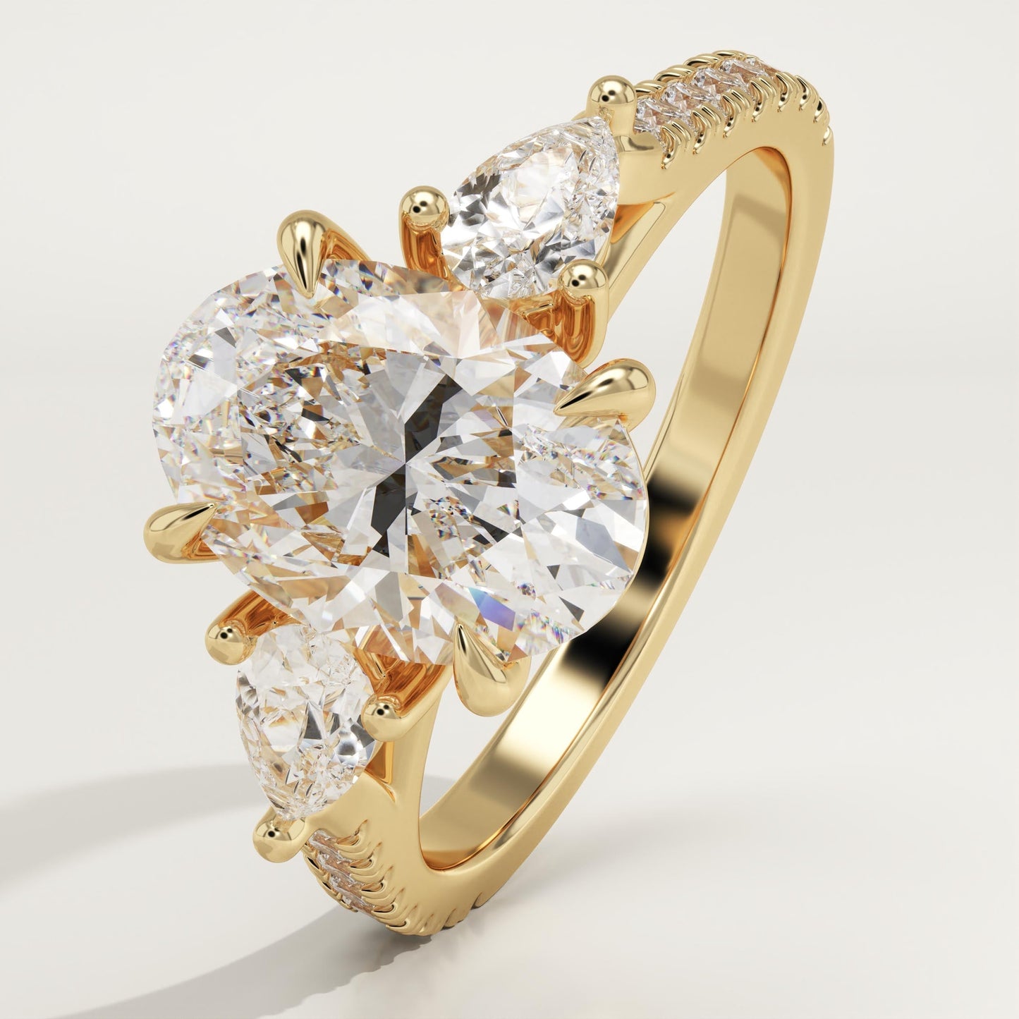 Oval Cut Three Stone & Pave Lab-Grown Diamond Engagement Ring