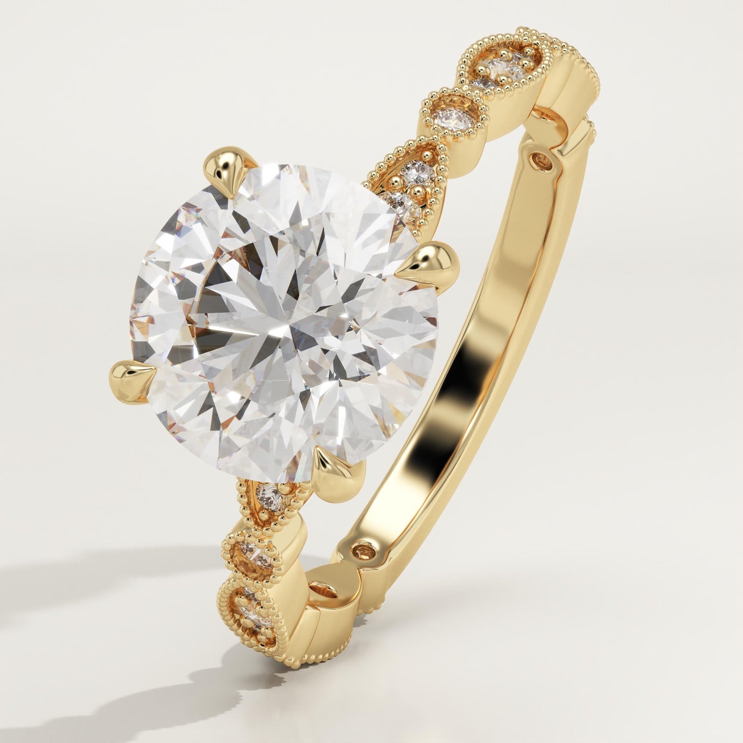 Round Cut Milgrain Pave Lab-Grown Diamond Engagement Ring