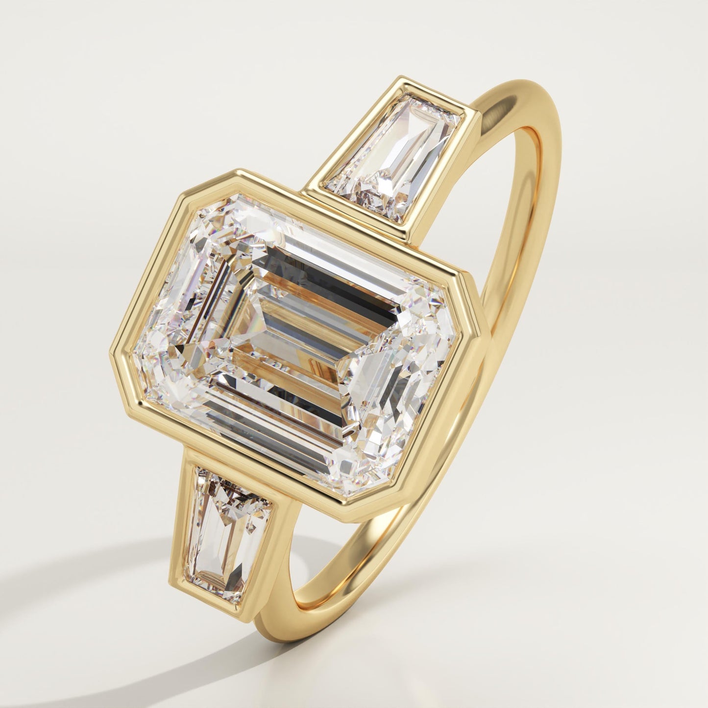 2 CT Emerald Cut Three Stone Bezel Moissanite Engagement Ring