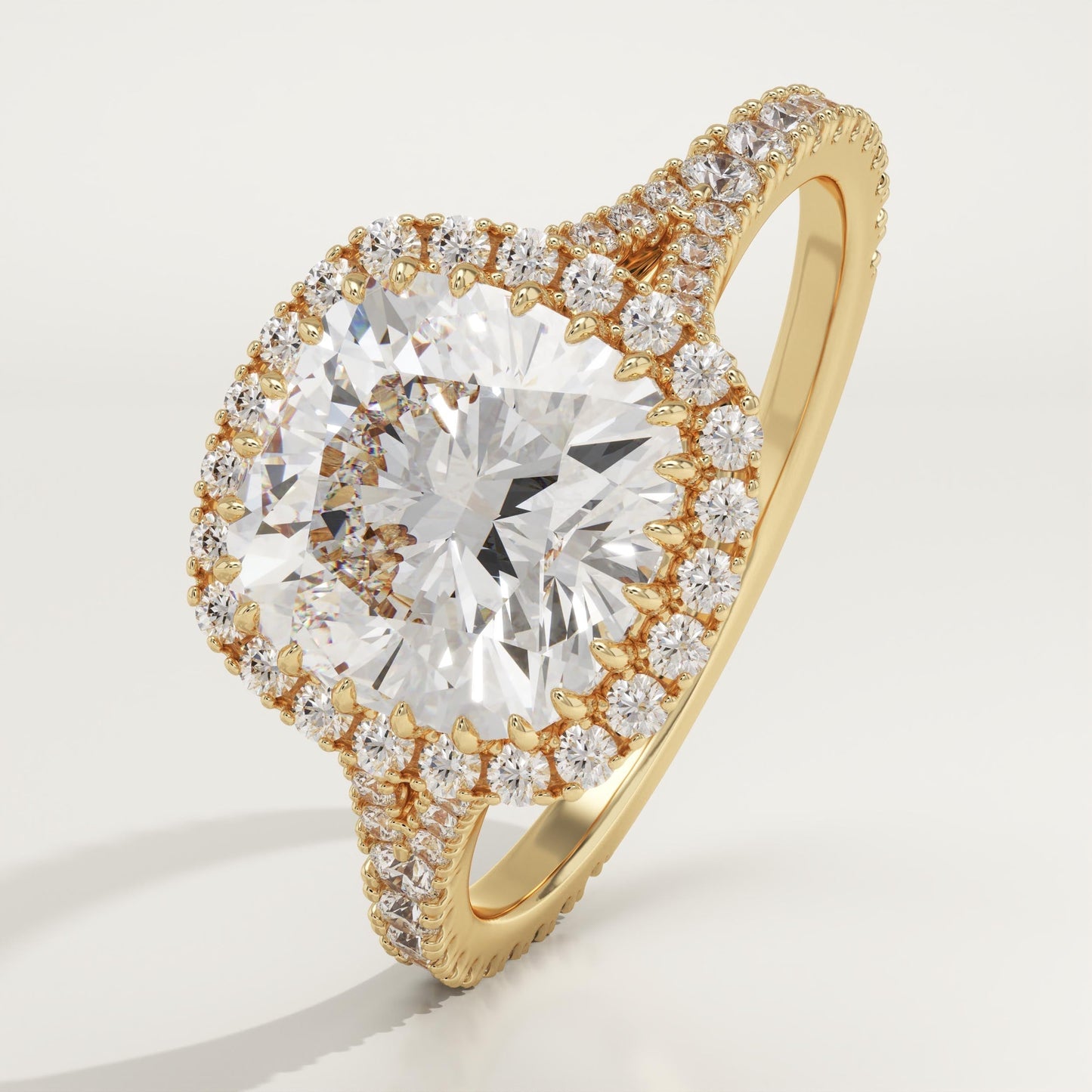 Cushion Cut Halo & Pave Split Shank Lab-Grown Diamond Engagement Ring
