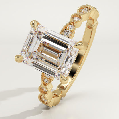 Emerald Cut Milgrain Pave Lab-Grown Diamond Engagement Ring