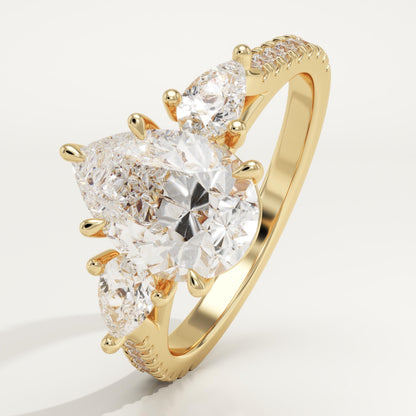 Pear Cut Three Stone & Pave Lab-Grown Diamond Engagement Ring