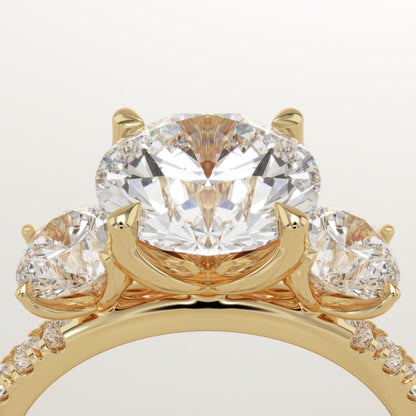 Round Cut Three Stone & Pave Lab-Grown Diamond Engagement Ring