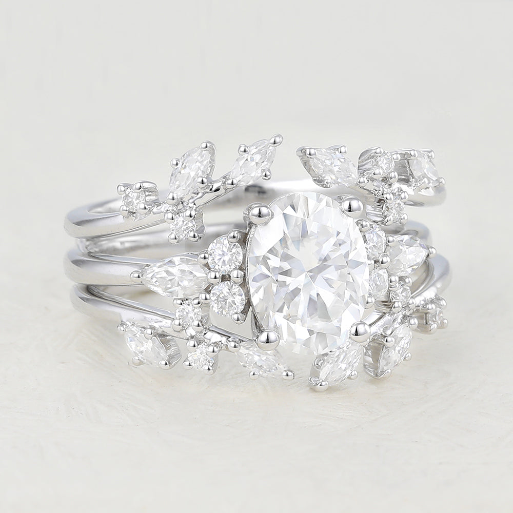 1.33 CT Oval Moissanite Vintage Cluster Bridal Ring Set