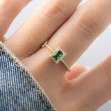 0.7 CT Baguette Cut Halo & Pave May-Emerald Birthstone Engagement Ring