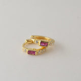 0.5 TCW Baquette & Round July-Ruby Birthstone Hoop Earrings