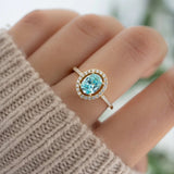 1.25 CT Oval Cut Halo & Pave March-Aquamarine Birthstone Engagement Ring