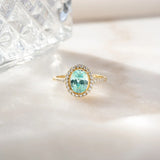 1.25 CT Oval Cut Halo & Pave March-Aquamarine Birthstone Engagement Ring