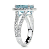 4.5 CT Emerald Cut Halo & Pave Split Shank March-Aquamarine Birthstone Engagement Ring