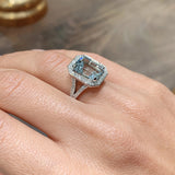 4.5 CT Emerald Cut Halo & Pave Split Shank March-Aquamarine Birthstone Engagement Ring