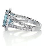 4.5 CT Emerald Cut Halo & Pave Split Shank March-Aquamarine Birthstone Engagement Ring