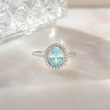 1.25 CT Oval Cut Halo & Pave March-Aquamarine Birthstone Engagement Ring