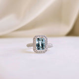 1.69 CT Emerald Cut Halo & Pave March-Aquamarine Birthstone Engagement Ring