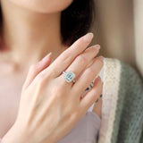 1.69 CT Emerald Cut Halo & Pave March-Aquamarine Birthstone Engagement Ring