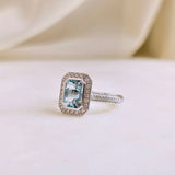 1.69 CT Emerald Cut Halo & Pave March-Aquamarine Birthstone Engagement Ring