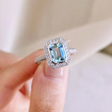 1.69 CT Emerald Cut Halo & Pave March-Aquamarine Birthstone Engagement Ring