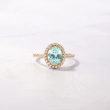 1.25 CT Oval Cut Halo & Pave March-Aquamarine Birthstone Engagement Ring